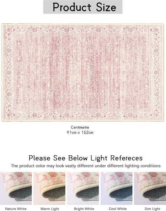 Brakki Pink Rug 3x5, Washable Boho Area Rug for Living Room Dining Room Bedroom Kitchen Entryway, Ultra Thin Soft Vintage Distressed Carpet Non Slip, Floral Rug for Home