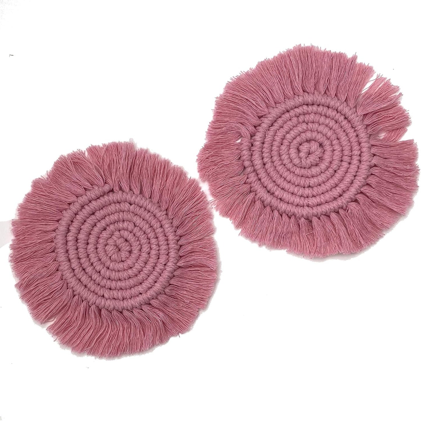 Set of 2 Macrame Handmade Cotton Coasters- Elegant and Absorbent 7-inch Round Woven Boho Coaster Set with Fringe Tassels for Drinks and Mugs, Spiral Weave (Pink, 2)