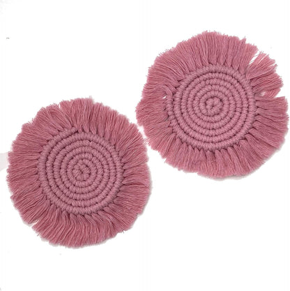 Set of 2 Macrame Handmade Cotton Coasters- Elegant and Absorbent 7-inch Round Woven Boho Coaster Set with Fringe Tassels for Drinks and Mugs, Spiral Weave (Pink, 2)