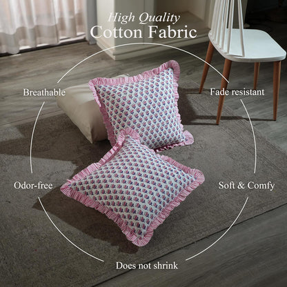 CPC Pink Sapphire Ruffle Throw Pillow Covers for Couch, 18x18 Inch Cotton Stripe Ruffle Couch Pillows for Living Room, Hidden 14 Inch Zipper Boho Pillow Case or Cute Outdoor Pillows