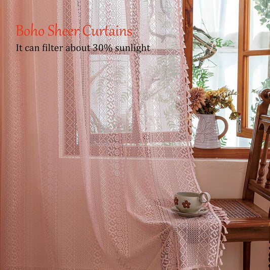 Sutuo Home Boho Sheer Curtains 96 inches Long for Living Room Dining Room, Lace Curtains Farmhouse Crochet Vintage Chic Princess Drapes Tassels Valentine's Decor Rod Pocket, 2 Panels 50" W,Light Pink