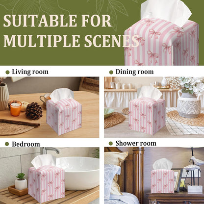 Pink Bow Decorative Leather Tissue Box Cover - Tissue Box Holder Gifts for Women Family and Friends Funny Unique Home Decor Decorative for Kids Room Kitchen Bathroom Office - A22