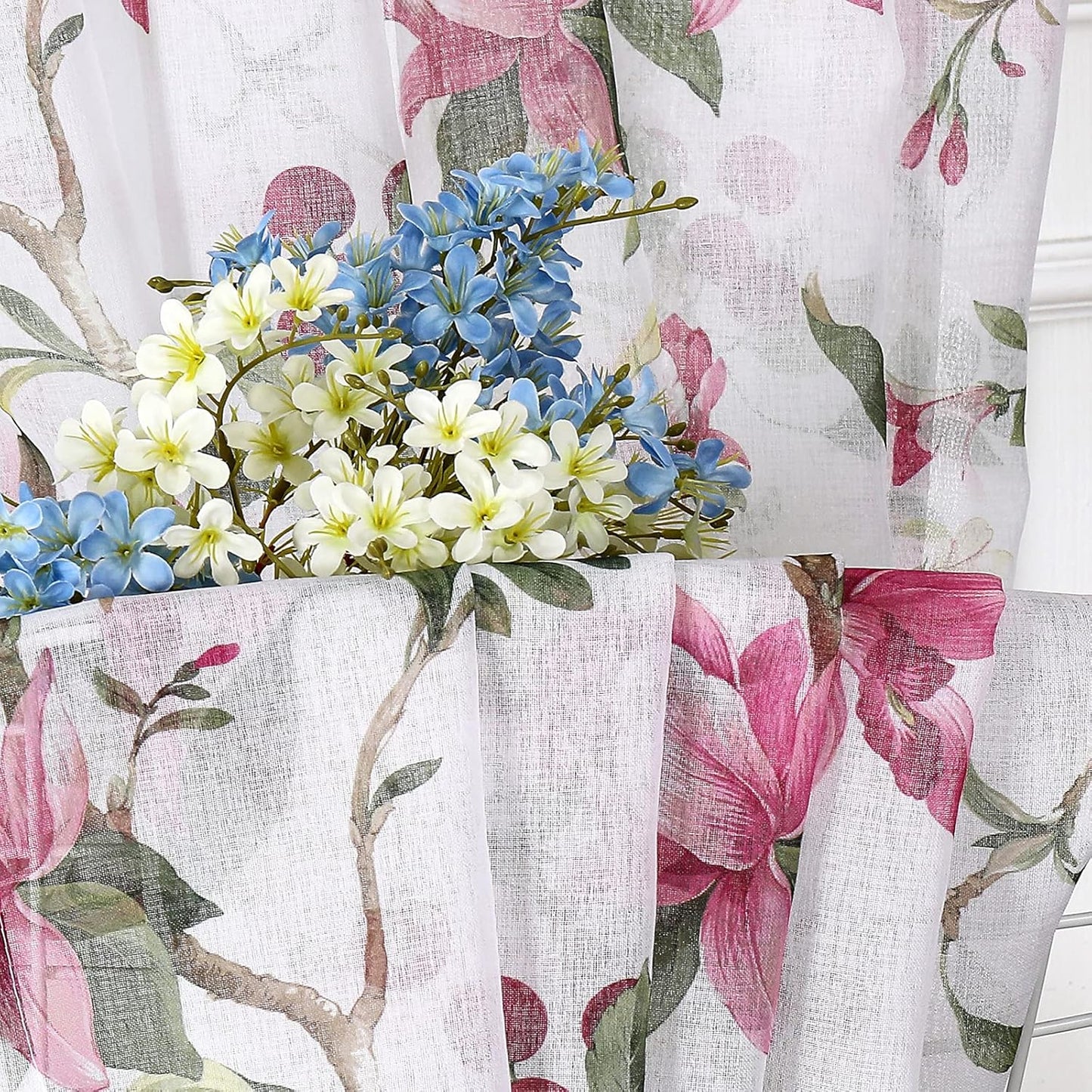Tollpiz Floral Sheer Curtain Valance Pink Cherry Flower Butterfly Print Living Room Valance Curtains Rod Pocket Voile White Sheer Curtain Valances for Bedroom, 54 x 16 inches Long, Set of 1 Panel