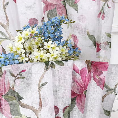 Tollpiz Floral Sheer Curtain Valance Pink Cherry Flower Butterfly Print Living Room Valance Curtains Rod Pocket Voile White Sheer Curtain Valances for Bedroom, 54 x 16 inches Long, Set of 1 Panel
