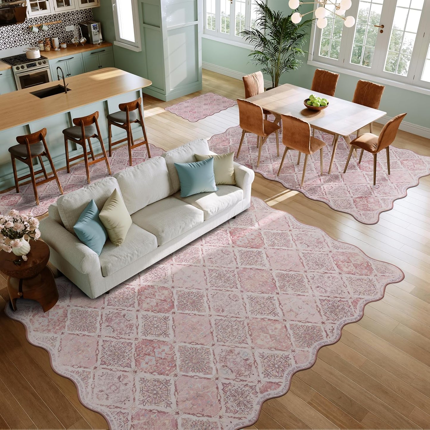 Moroccan 2x6 Runner Rug for Hallways, Unique Scalloped Ultra-Thin Soft Washable Rug, Non-Slip Stain Resistant Lightweight Low-Pile Carpet for Living Room Bedroom Dining Room Office (Pink)