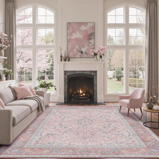 Bavni Vintage Floral Rugs 9x12, Large Washable Area Rug with Non Slip Backing, Low Pile for Living Room, Nursery,Bedroom & Home Decor, Lightweight Carpet, Pink