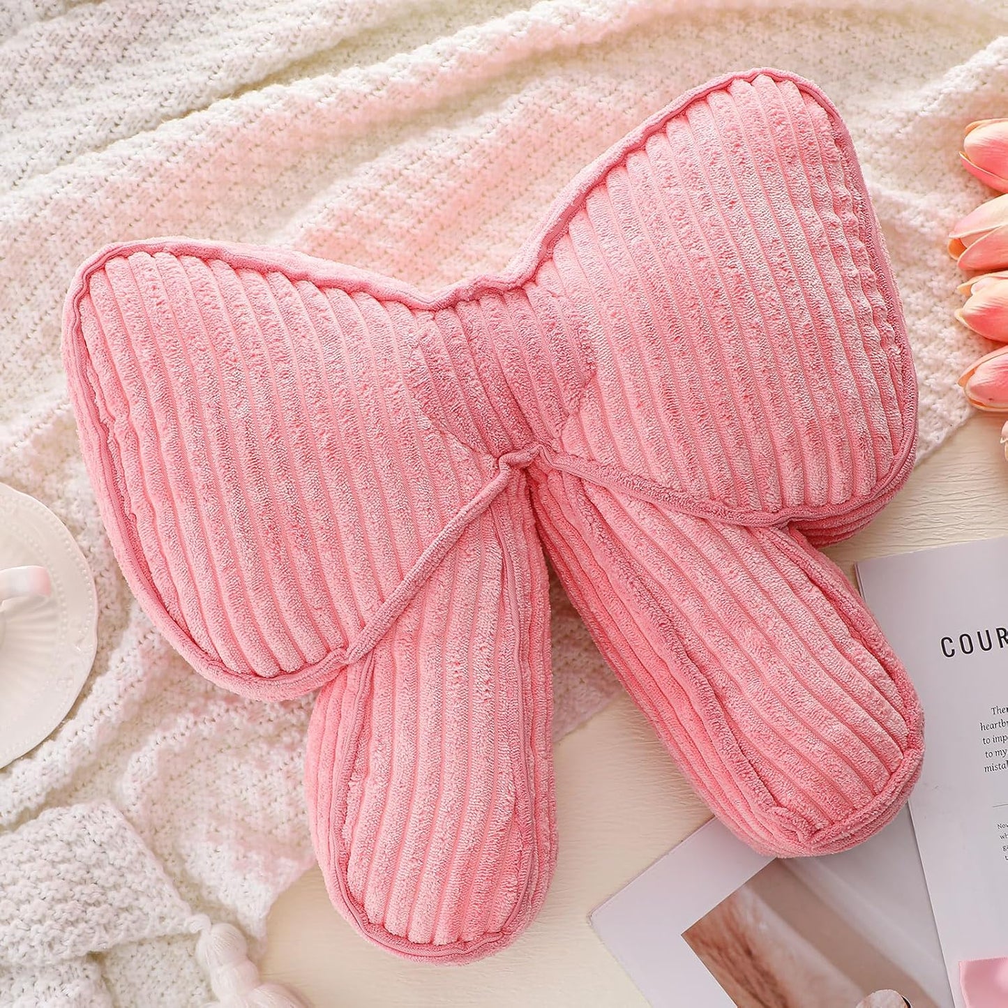 SmoothNovelty Pink Bow Pillow 12'' Coquettish Bow Shaped Decorative Pillows Soft Corduroy Pink Cushion for Girls Women Room Bed Sofa Couch Aesthetic Home Decor Gift