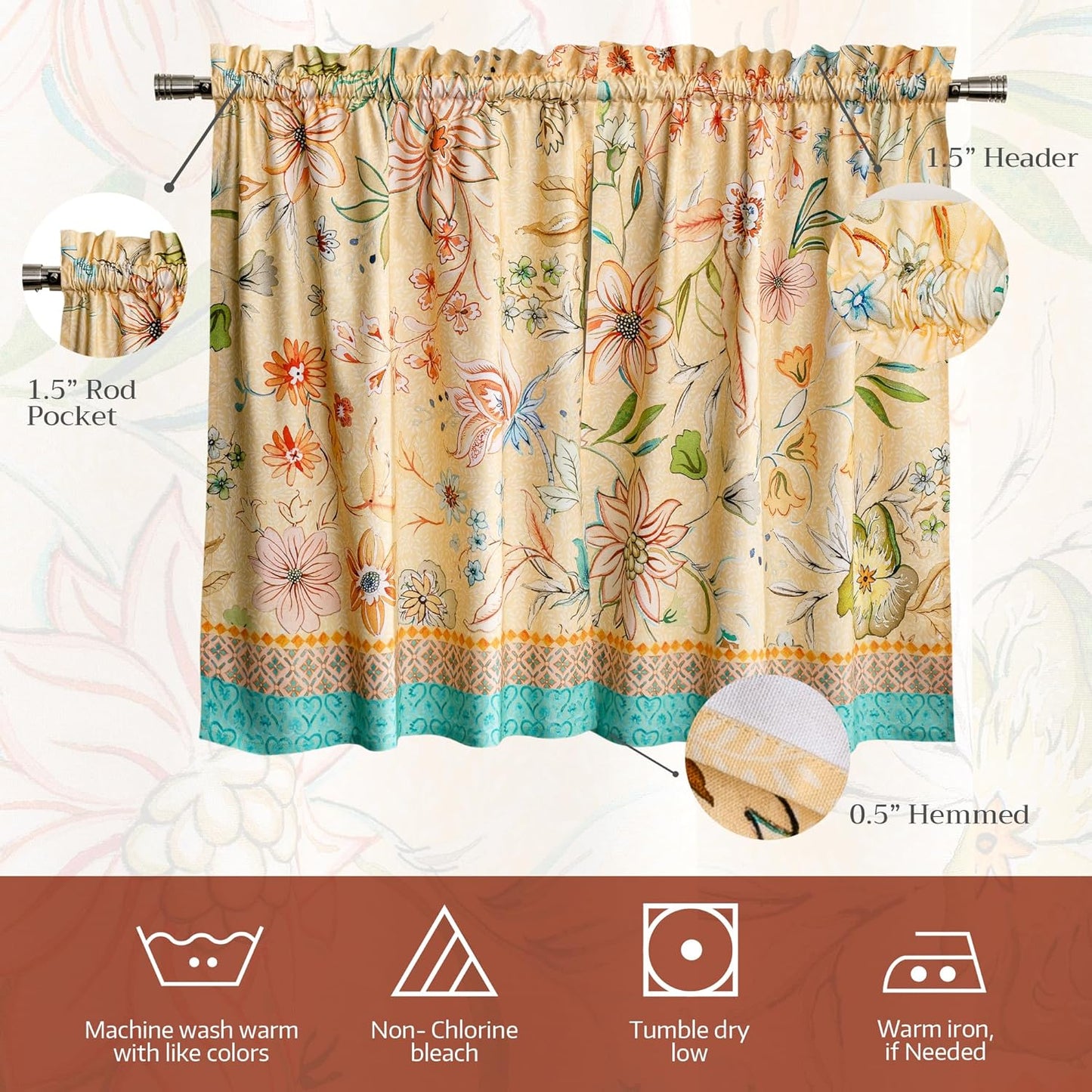 Maison d' Hermine Kitchen Curtain Set for Windows 100% Cotton Set of Kitchen Curtain Valance for Home [2 Tier (28"X36") and 1 Valance (56"X18")] Cafe Spring Summer (Luxury Loft - Peach)