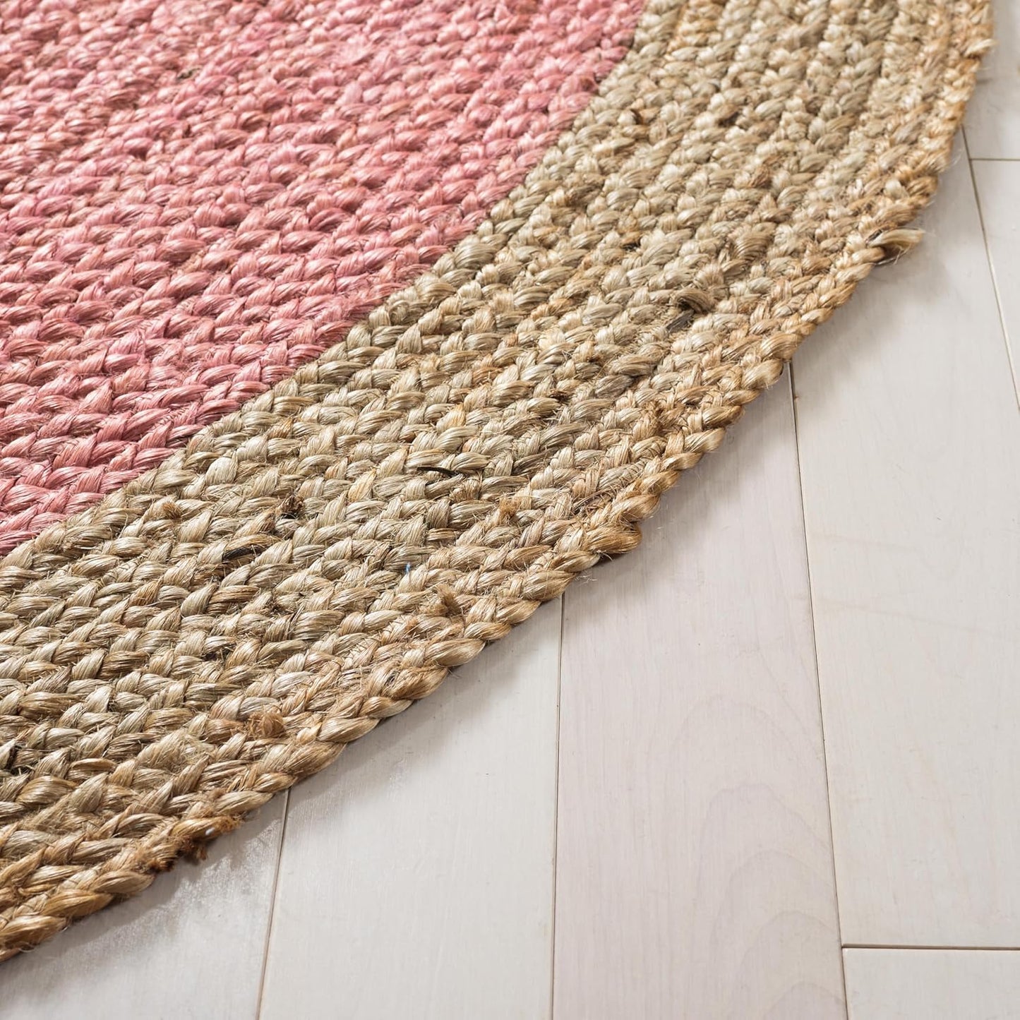 SAFAVIEH Area Rug 3' Round - Natural Fiber Collection - Pink & Natural Brown, Handmade Jute, Braided Border Design (NF801P)