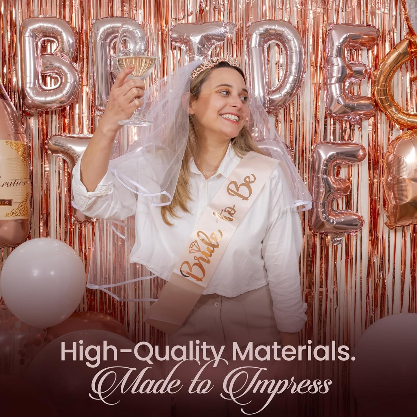 Rose Gold Bridal Shower Decorations, 273-Piece Pink Bachelorette Party Decorations with Bride to Be Banner, Confetti Balloons, Bride Sash, Veil, Fringe Curtain ,Cake Toppers & Photo Props