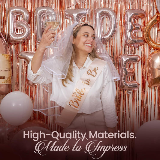 Rose Gold Bridal Shower Decorations, 273-Piece Pink Bachelorette Party Decorations with Bride to Be Banner, Confetti Balloons, Bride Sash, Veil, Fringe Curtain ,Cake Toppers & Photo Props
