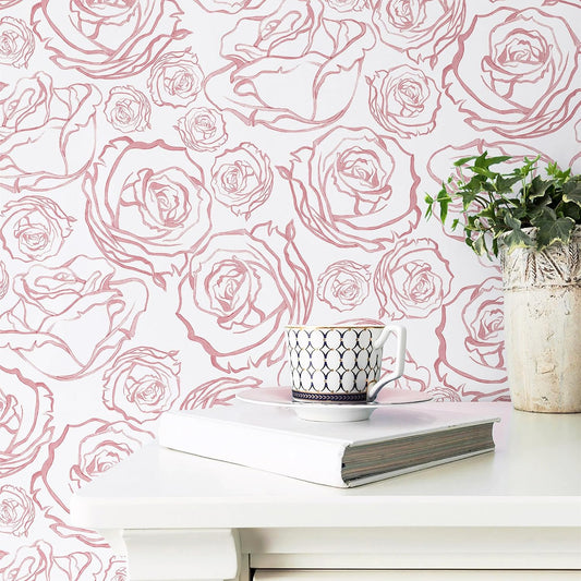 Safiyya 118'' × 17.3'' Pink Floral Wallpaper Peel and Stick Pink and White Rose Contact Paper Removable Wall Paper Boho Wallpaper for Bedroom