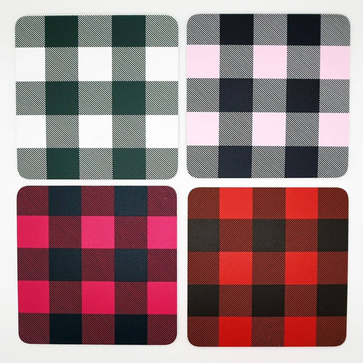 Set Of Four Coasters, Rustic Buffalo Check Plaid Pattern with Cork Base, Made in the USA by Blinggasm (Light Pink)