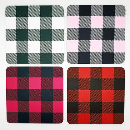 Set Of Four Coasters, Rustic Buffalo Check Plaid Pattern with Cork Base, Made in the USA by Blinggasm (Light Pink)