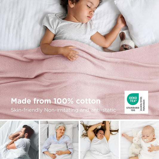 Bedsure GentleSoft 100% Cotton Blanket Queen Size for Bed - Breathable and Lightweight, Soft Cozy Textured Herringbone Woven Blanket for Summer Spring, Pink, 90x90 inches