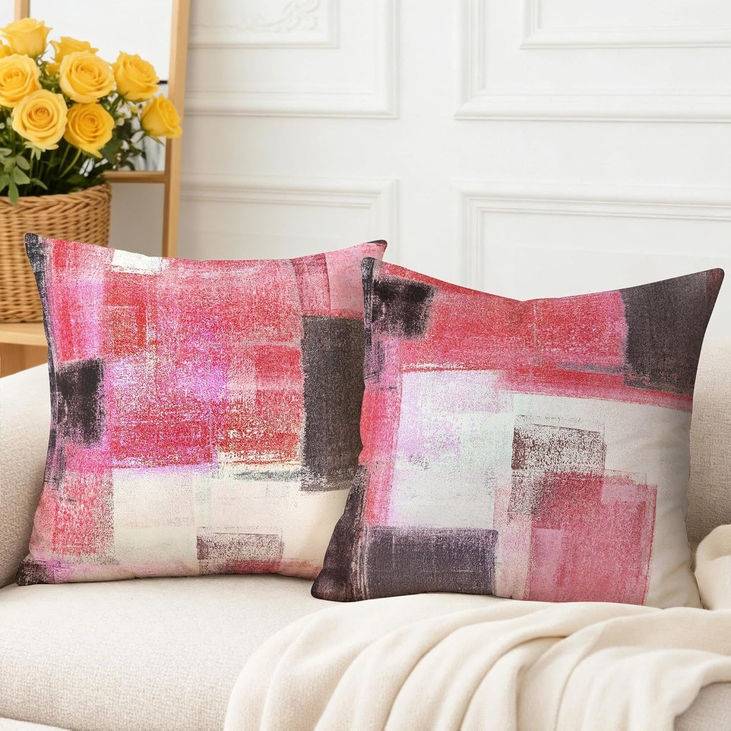 Cute Pink and Grey Throw Pillows Covers 18x18 Inch Light Gray White Cushion Cases Set of 4 Abstract Art Painting Pillowcase for Couch Bed Sofa Farmhouse Office Car Boho Spring Home Decor Gray Pink