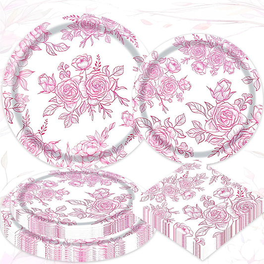 Pink Floral Plates and Napkins Pink Flower Bridal Shower Tableware Decorations Vintage Floral Paper Plates Napkins Something Blue Before I Do Wedding Tea Party Supplies