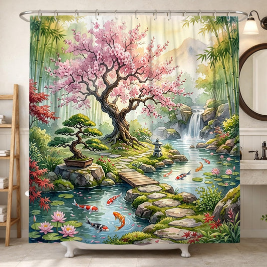 Cherries Blossom Shower Curtain, Zen Nature Carp Fish Bonsai Tree Spring Peach Waterproof Fabric Clawfoot Tub Shower Curtains Decor for Bathroom Guest Room 72x78 Inch