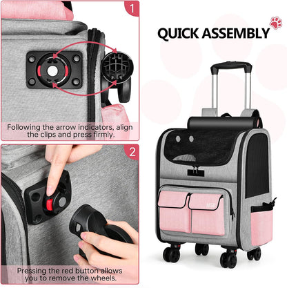 MGB Large Pet Carrier, Foldable Rolling Dog Carrier with Removable Wheels, Cat Rolling Bag 21.3"x15"x12.2" for 2 Cats & 1 Dog for Travel, Outdoor, Vet Visits, Camping, Indoor. Pink. (Not for Airline)