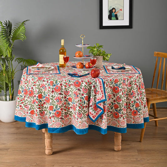 Hand Block Printed Cotton Tablecloth – Elegant Floral Design Perfect for Dining Table Kitchen Parties Home Decor, Wall Tapestry (Peach Floral, 4 Seater 60 Inches Round)
