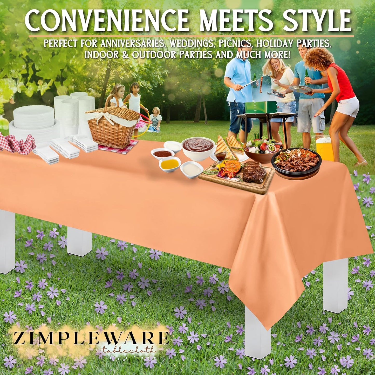 ZIMPLEWARE Premium Peach Plastic Table Cloth Disposable (6 Pk) Plastic Tablecloths for Rectangle Tables (54in x 108in) Party Table Cloths Disposable for 6ft to 8ft Rectangle Tables