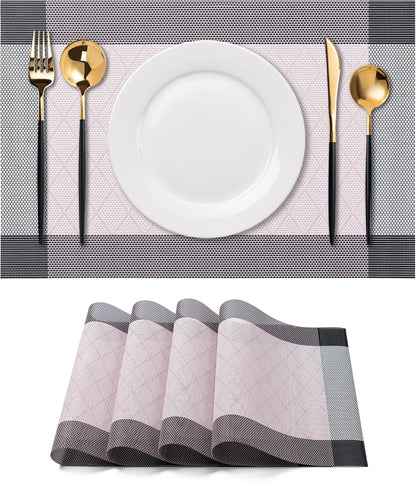 CADONO Placemats Set of 4 Washable Indoor/Outdoor Vinyl Place Mats for Dining Table Durable Non-Slip Heat Resistant PVC Weave Table Mats（Rhombus-Pink）