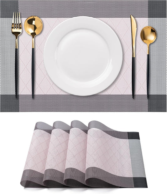 CADONO Placemats Set of 4 Washable Indoor/Outdoor Vinyl Place Mats for Dining Table Durable Non-Slip Heat Resistant PVC Weave Table Mats（Rhombus-Pink）