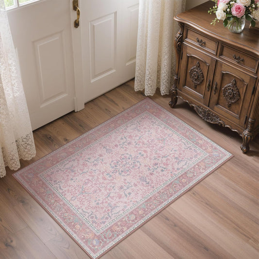 Bavni Small Throw 2x3 Rug, Washable Vintage Floral Non Slip Cute Area Rug for Entryway,Kitchen or Bathroom, Low Pile Carpet, Pink