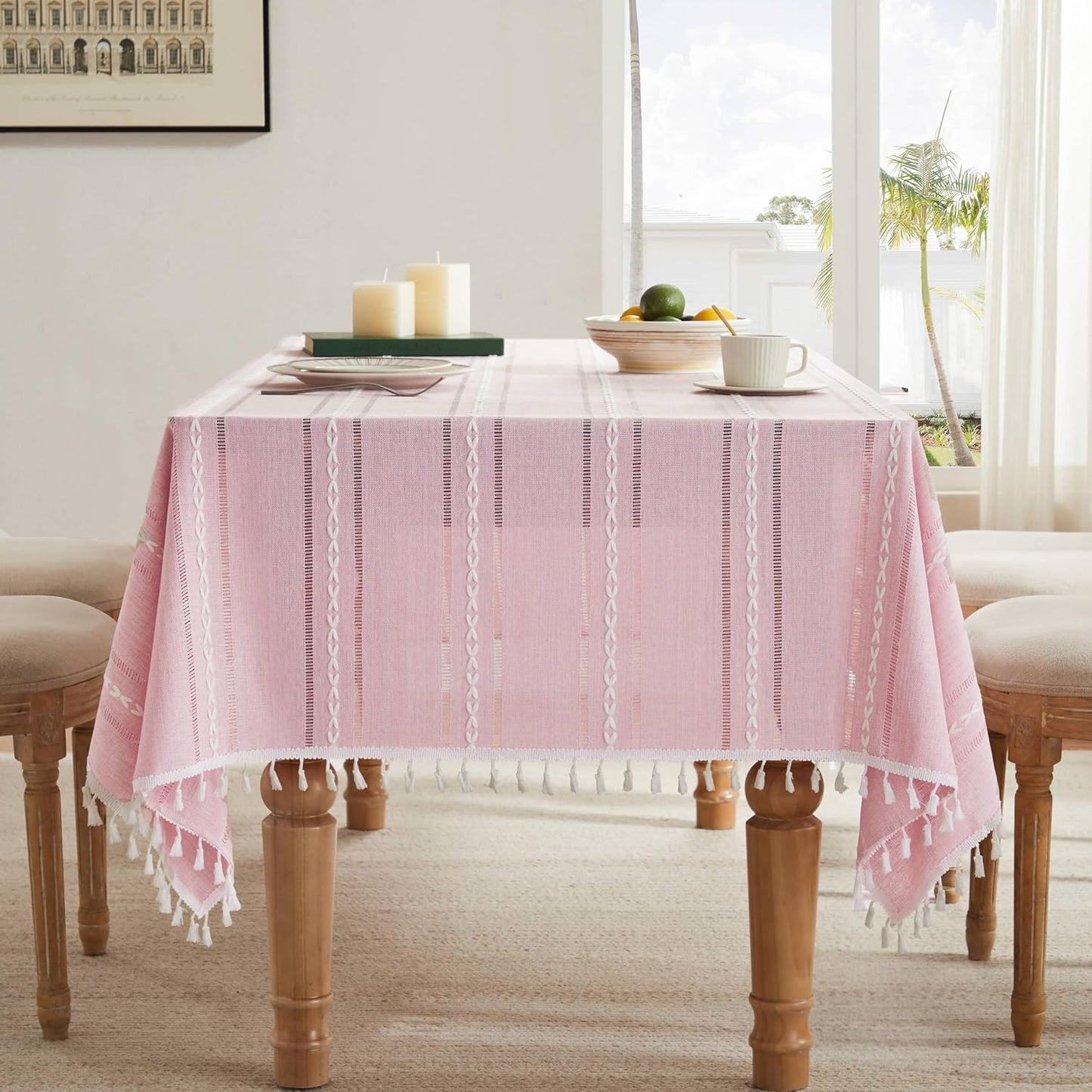 ZeeMart Hemstitched Embroidery Striped Boho Tablecloth 60x84 Inch Pink, Heavy Weight Farmhouse Burlap Linen Pink Tablecloth, Wrinkle Resistant Washable Table Cloth for Rectangle Table
