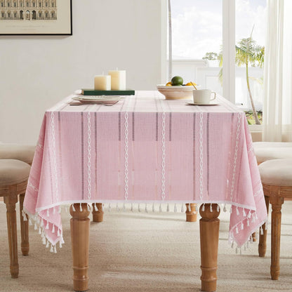 ZeeMart Hemstitched Embroidery Striped Boho Tablecloth 60x84 Inch Pink, Heavy Weight Farmhouse Burlap Linen Pink Tablecloth, Wrinkle Resistant Washable Table Cloth for Rectangle Table
