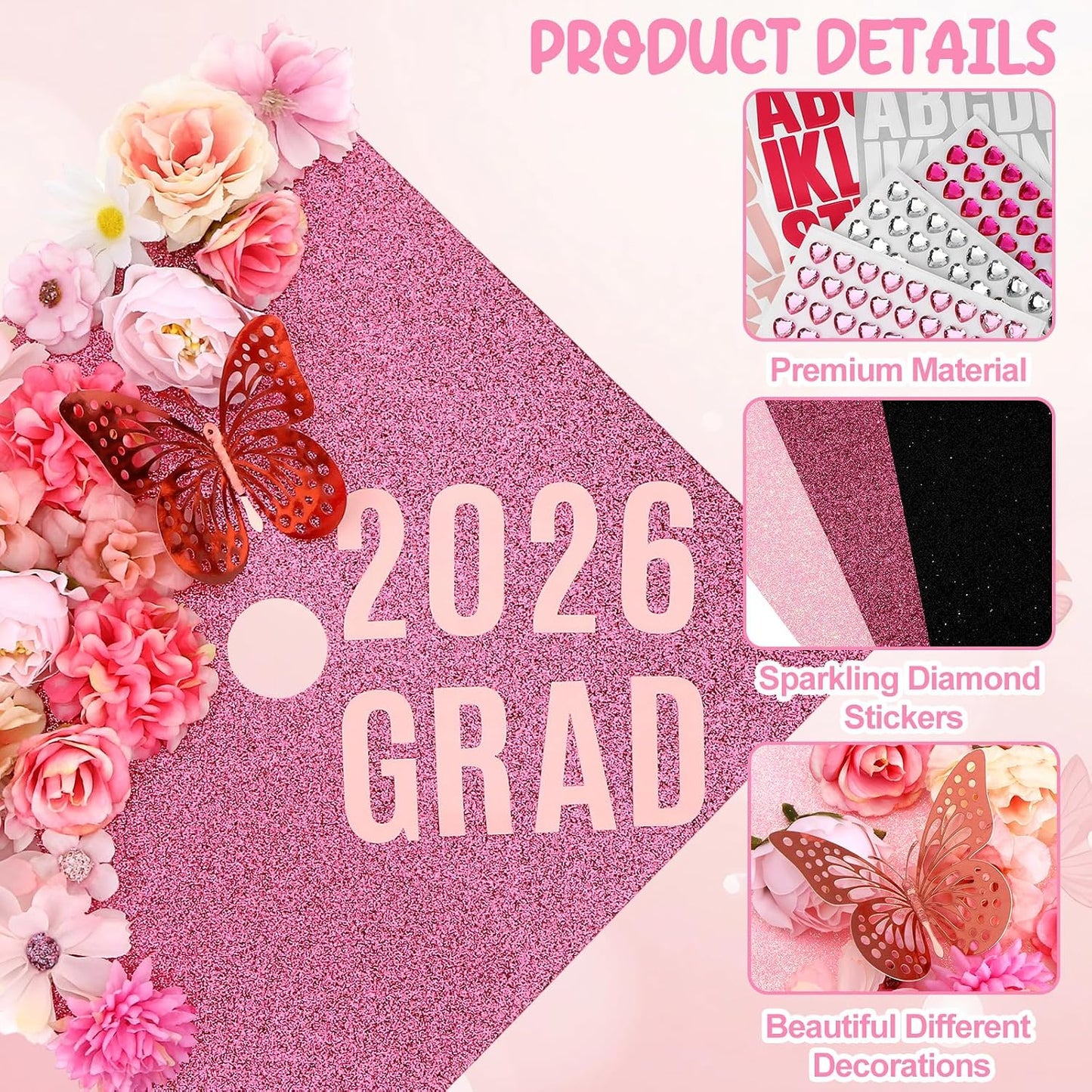 54 Pcs Pink DIY Graduation Cap Decorations Kit Include Faux Flower Pink Bow 3D Butterfly Alphabet Letter Sticker Rhinestones Sticker Glitter Paper Plush Strip for DIY Hat Grad Cap Topper Grad Party