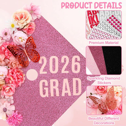 54 Pcs Pink DIY Graduation Cap Decorations Kit Include Faux Flower Pink Bow 3D Butterfly Alphabet Letter Sticker Rhinestones Sticker Glitter Paper Plush Strip for DIY Hat Grad Cap Topper Grad Party