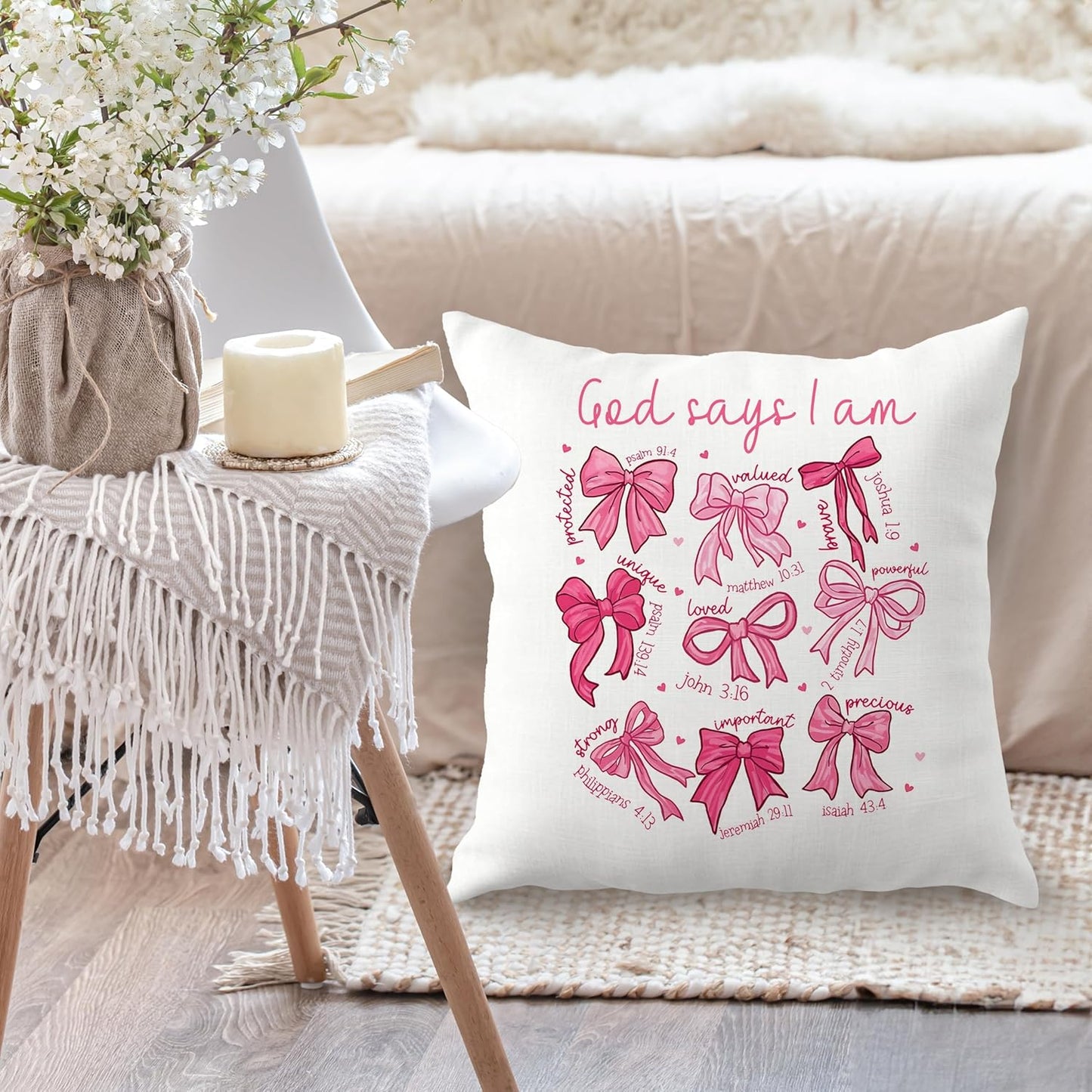 Coquette Pink Bow Christian Pillow Covers 18x18, Coquette Room Decor, God Says I Am Bow Bible Verse Religious Decorative Throw Pillow Covers for Girls Bedroom Dorm Living Room Home
