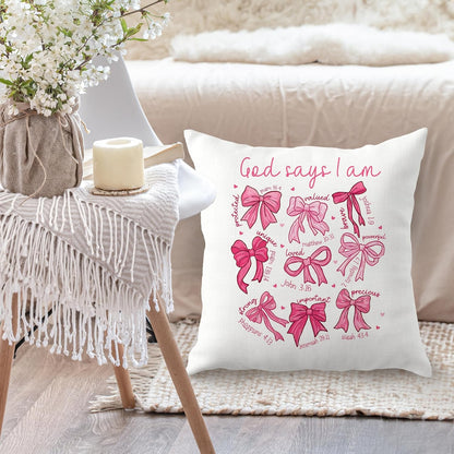 Coquette Pink Bow Christian Pillow Covers 18x18, Coquette Room Decor, God Says I Am Bow Bible Verse Religious Decorative Throw Pillow Covers for Girls Bedroom Dorm Living Room Home