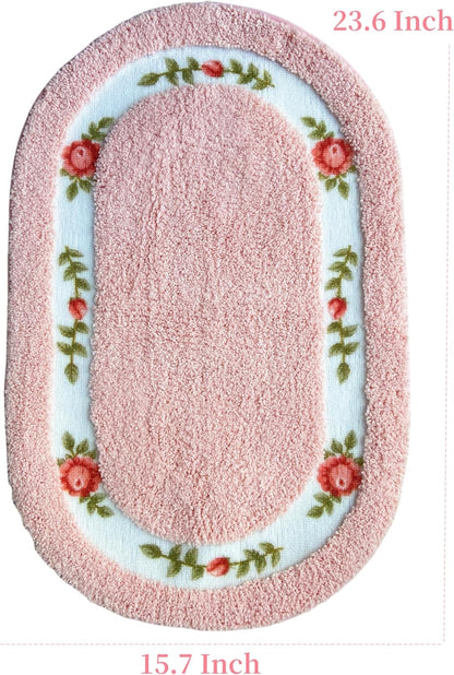 Romantic Rose Flower Pink Bath Mat - Super Soft Non-Slip Absorbent Rose Rug for Bathroom Bedroom Living Room and Entryway (15.7 x 23.6 Inches, Oval)