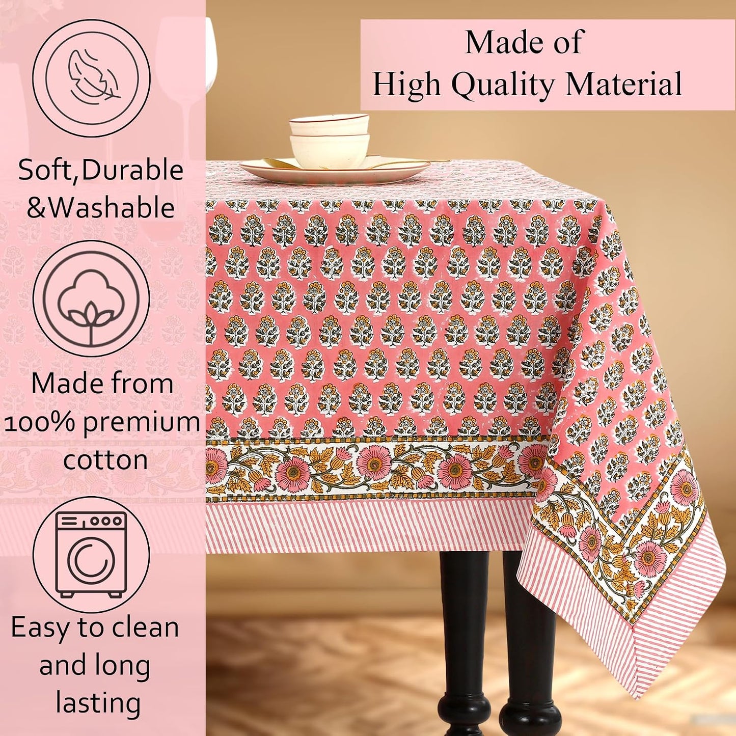 CPC Tablecloth 100% Cotton 60x90 Inch Indian Block Print Rectangle Table Cover, Washable Table Cloth for Weddings, Spring/Summer, Barbeque - Poppy Pink