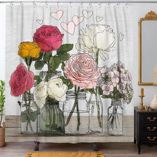 Rose Shower Curtain, Romantic Vintage Peony Mason Jar Spring Peach Waterproof Fabric Bathtub Cloth Curtains Decor for Bathroom Guest Room 72x72 Inch