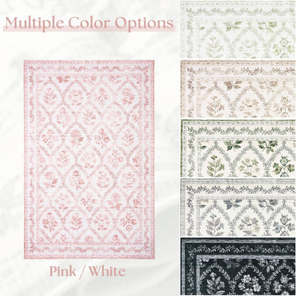 Pink Rugs for Bedroom Boho Light Blush Pink Floral Area Rugs Nursery for Baby Girl, Cute Foldable Machine Washable Distressed Carpet for Living Room Bedroom Dorm Kids Playroom 5x7