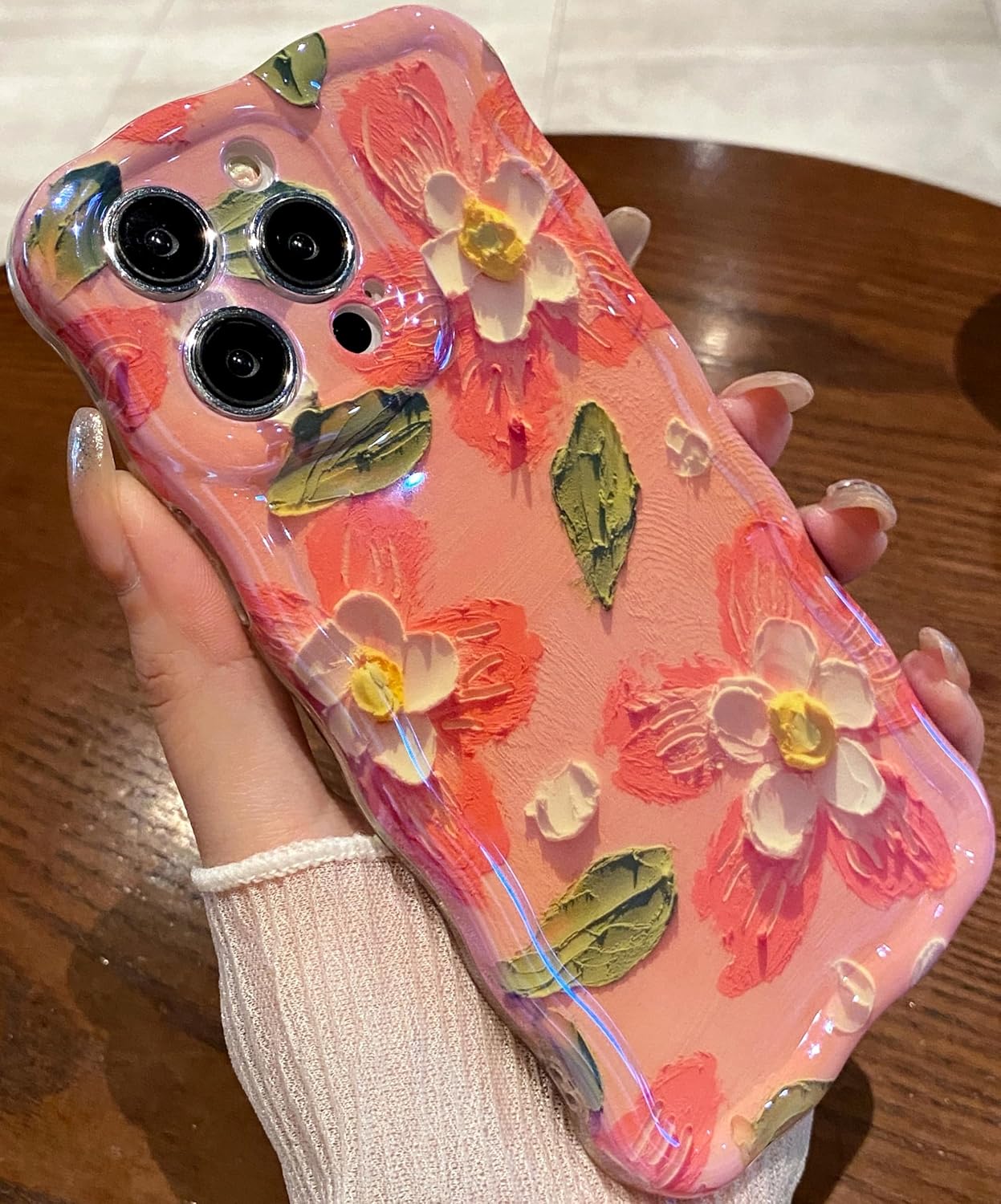 Case for iPhone 16, Colorful Retro Oil Painting Printed Flower Laser Glossy Pattern Cute Curly Wave Edge Exquisite Phone Cover Stylish Durable TPU Protective Case (Peach)