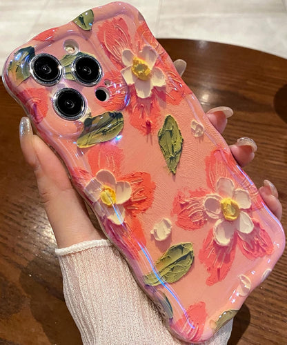 Case for iPhone 16, Colorful Retro Oil Painting Printed Flower Laser Glossy Pattern Cute Curly Wave Edge Exquisite Phone Cover Stylish Durable TPU Protective Case (Peach)