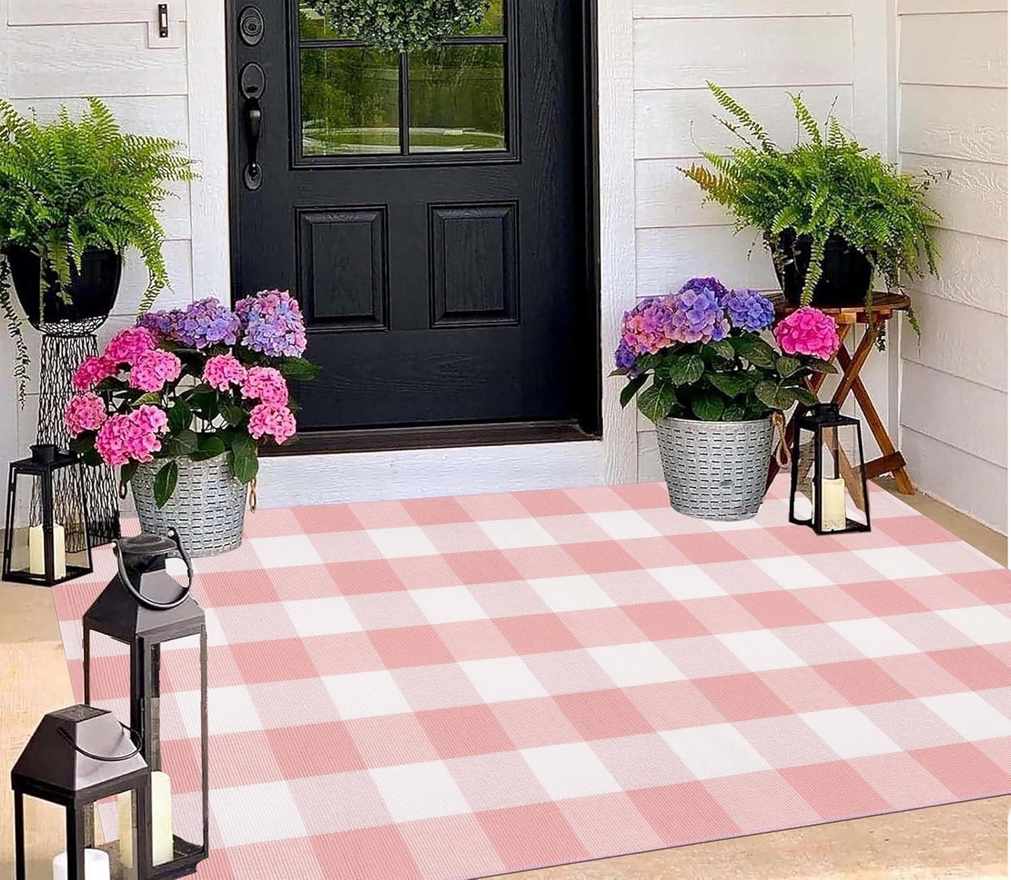 Pink and White Buffalo Plaid Rug 3'x5'Checkered Outdoor Rug Farmhouse Front Porch Rug Machine Washable Front Door Mat Outdoor for Hello Welcome Mat,Bedroom,Entryway,Patio