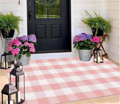 Pink and White Buffalo Plaid Rug 3'x5'Checkered Outdoor Rug Farmhouse Front Porch Rug Machine Washable Front Door Mat Outdoor for Hello Welcome Mat,Bedroom,Entryway,Patio