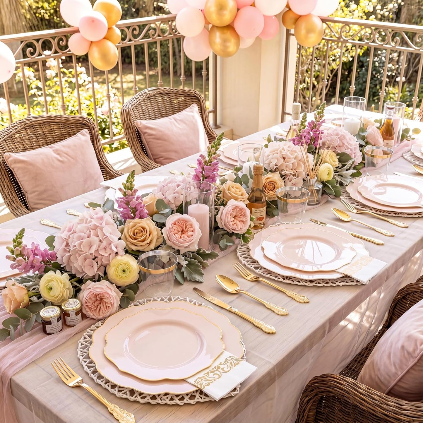 NOCCUR 175PCS Pink Plates with Gold Disposable Silverware - Include 50 Pink Plastic Plates,25 Knives,25 Forks,25 Spoons,25 Cups and 25 Napkins - Ideal for Party/Wedding/Banquet/Baby Shower