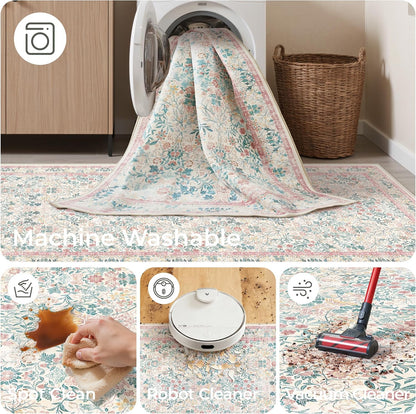 2x6 Runner Rug, Pink Floral Rug for Entryway, Moynesa Washable Kitchen Rugs with Rubber Backing, Thin Soft Botanical Runners for Hallways, Kids Room, Playroom, Nursery(2'x6', Pink)