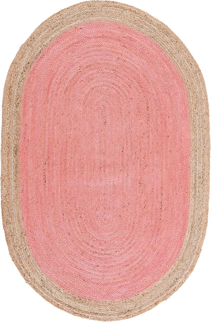 SAFAVIEH Area Rug 6x9 Oval - Natural Fiber Collection - Pink & Natural Brown, Handmade Jute, Braided Border Design (NF801P)