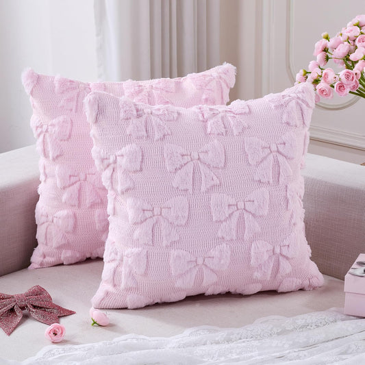 Light Pink Christmas Pillow Covers 18x18 Set of 2 Valentine Coquette Room Decor Faux Fur Bow Soft Aesthetic Plush Preppy Fluffy Decorative Throw Cushion Case for Sofa Couch Bed Chair Living Room