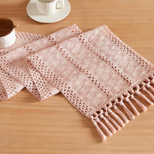 ZeeMart Macrame Style Boho Table Runner, Pink Table Runners 36 Inches Long, Farmhouse Woven Home Decor, 12x36 Inch, Light Pink