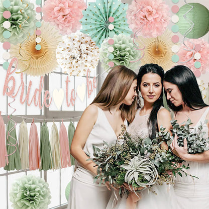 Sage Green and Blush Pink Bachelorette Party Decorations - Bride To Be Banner, Sage Green Paper Lanterns, Streamers, Tissue Pom Poms, Blush Pink Beige Boho Paper Tassel, Rustic Backdrop Decor