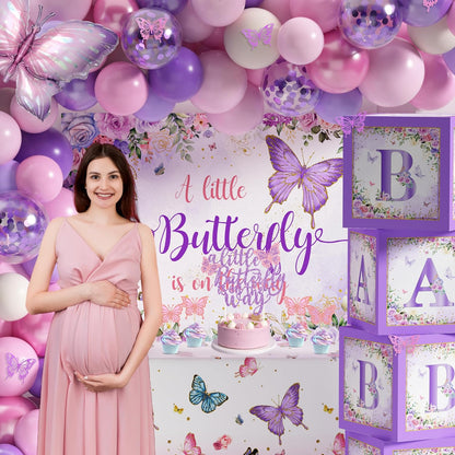 TREWAVE Butterfly Baby Shower Decorations for Girls A Little Butterfly Is On The Way Party Backdrop Cake Toppers Stickers Pink Purple Balloons Boxes for Girl Birthday Baby Shower Decor