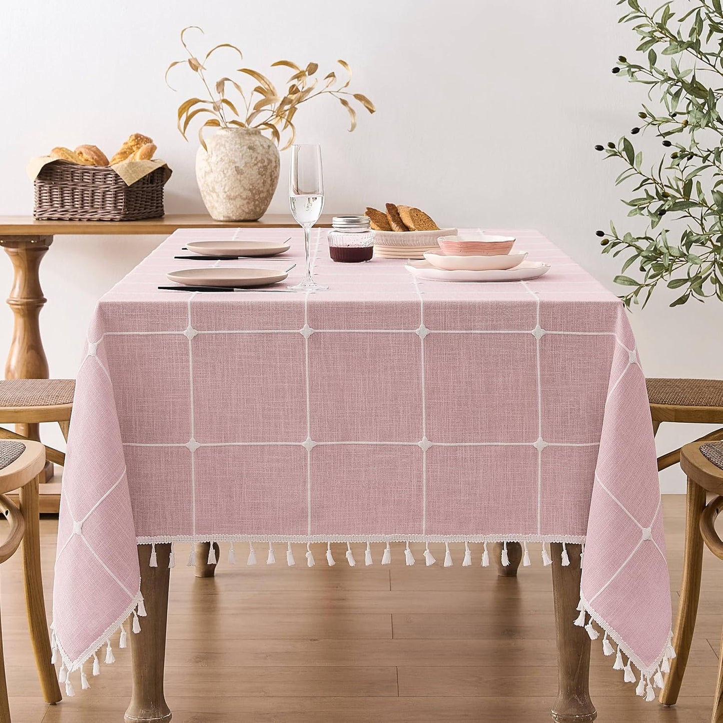 ZeeMart Boho Grid Table Cloth with Tassels (Pink, 52" x 70"), Heavy Weight Linen Checked Embroidered Farmhouse Tablecloth, Water Resistant Rectangle Pink Tablecloths